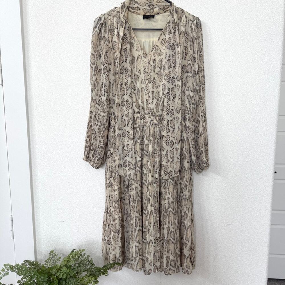 Current Air Anthropologie Snakeskin Midi‎ Dress Beige Brown Long Sleeve Boho XS